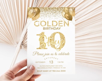 Golden Birthday invitation Gold glitter birthday invitation Golden birthday invite for girl 10th birthday invitation