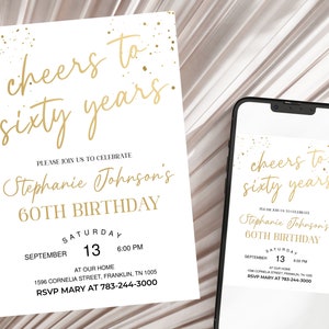 Ladies 60th Birthday Invitation Printable Cheers to Sixty Years Gold Editable Download