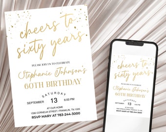 Ladies 60th Birthday Invitation Printable Cheers to Sixty Years Gold Editable Download