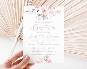Blush Pink Baptism Invitation Template, Girl Baptism Invitation, Pink Christening Invitation, Blush Floral Baptism EDITABLE