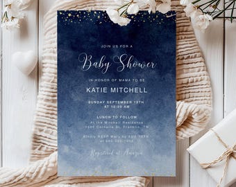 Navy Ombre Watercolor Baby Shower Invitation Template, Printable Baby Shower Invite, Editable Dark Blue Boy Shower, Instant Download