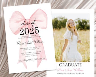 Editable Graduation 2025 Invitation Template, Pink Bow Graduation Invitation, Blush Pink Modern Graduation Announcement Coquette