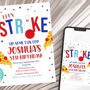 Editable Bowling Birthday Invitation, Let&#39;s Strike Up Some Fun, Bowling Pizza Party, Bowling Birthday Party, Pizza Party, Size 5x7
