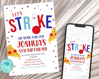 Editable Bowling Birthday Invitation, Let's Strike Up Some Fun, Bowling Pizza Party, Bowling Birthday Party, Pizza Party, Size 5x7