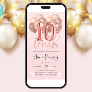 Roségoldene Glitzer-Einladung zum 10. Geburtstag, bearbeitbare Geburtstagseinladung, Evite
