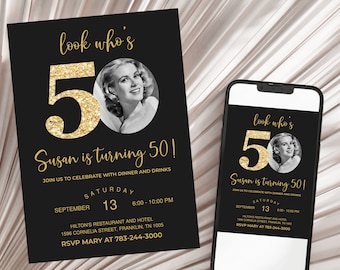 Editable 50th Invitation with photo, Look Who's 50, 50th Birthday Invitation Template, Gold 50th Invitation, Editable, Printable