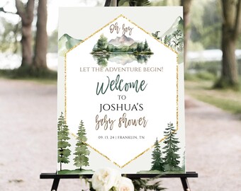 Let the Adventure Begin Babyparty Willkommensschild, Wald Babyparty Wald Kiefern Berg Willkommensschild, Berg Babyparty Willkommen