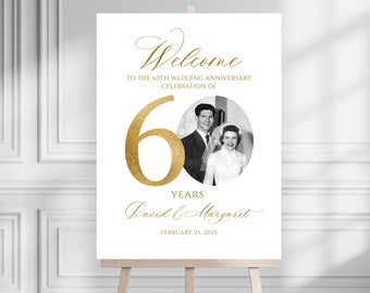 Photo Anniversary Welcome sign, 60th Wedding Anniversary Welcome Sign, 60th Anniversary Decoration, Golden Anniversary Sign, Editable