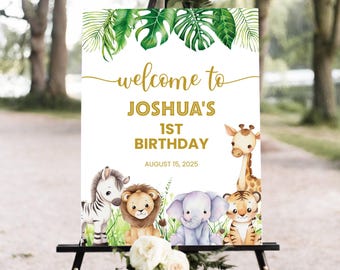 Bewerkbaar Safari-verjaardagsbord, Jungle Animals-verjaardagsteken, Wild One feestvarken welkomstbordsjabloon, Instant Download