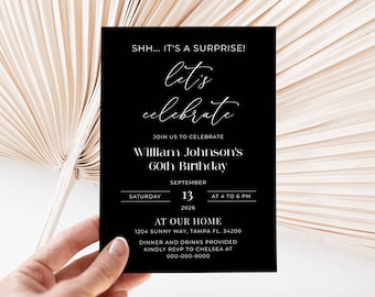 Let's Celebrate Invitation Template, Editable Surprise Birthday Party Invite, Anniversary Invites, Black Digital Invite