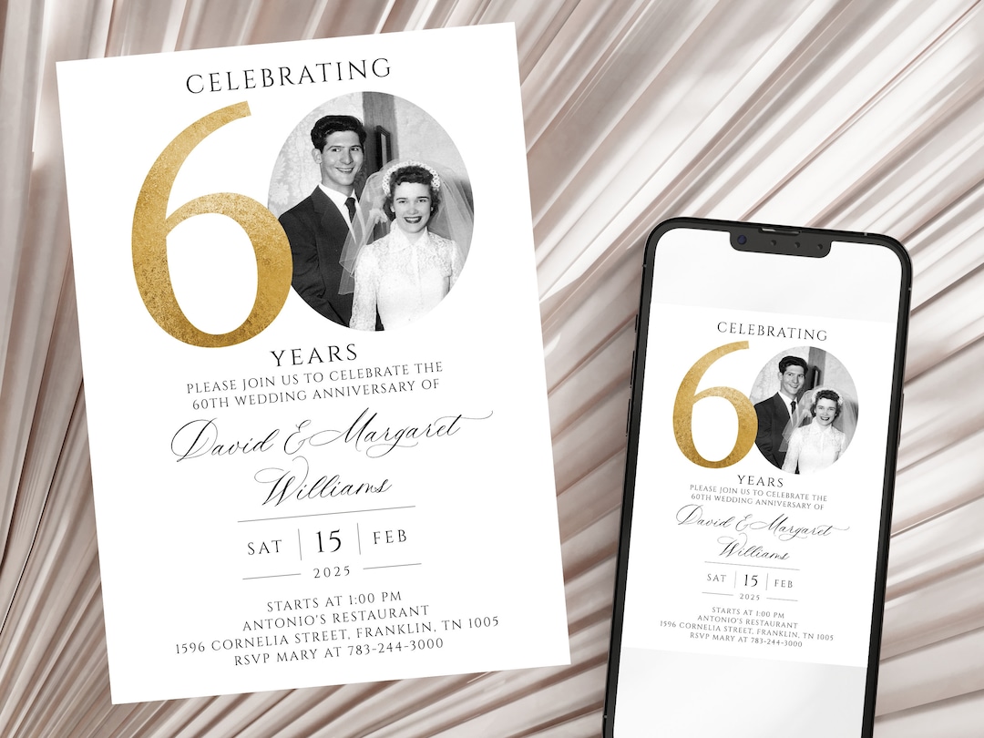 60th Wedding Anniversary Invitation, Golden Anniversary Photo