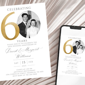 Faire-part de 60e anniversaire de mariage, modèle d'invitation photo d'anniversaire d'or, modifiable, avec photo