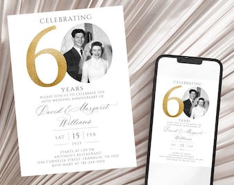 60th Wedding Anniversary Invitation, Golden Anniversary Photo Invitation Template, Editable, with Photo