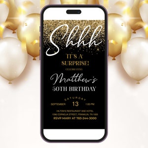 Plantilla para evitar fiesta de cumpleaños sorpresa, invitación electrónica de fiesta sorpresa editable, invitación digital de cumpleaños para hombres