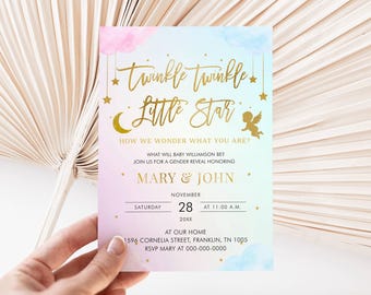 Twinkle Twinkle Little Star Gender Reveal Invitation, Gold Moon and Stars Gender Reveal Party Invite Template, He Or She, Boy Or Girl