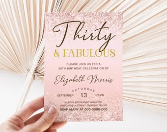 30th Birthday Invitation Printable Rose Gold Thirty and Fabulous Dinner Party Invite for Ladies Editable Digital Download