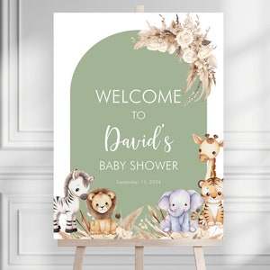 Bearbeitbares Boho Safari Baby-Dusche-Willkommens-Schild, Safari-Dschungel-Baby-Dusche-Willkommens-Poster, Hallo Baby Boho-Dschungel-Tiere-Zeichen-Vorlage