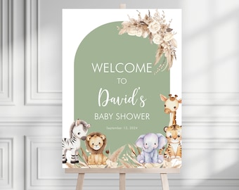 Editable Boho Safari Baby Shower Welcome Sign, Safari Jungle Baby Shower Welcome Poster, Hello Baby Boho Jungle Animals Sign Template