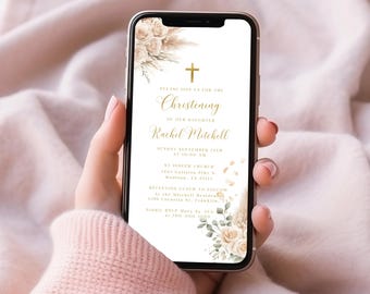 BOHO Blush Christening digital Invitation pampas grass pink rose baptism phone Invite Template Electronic text Phone Invite