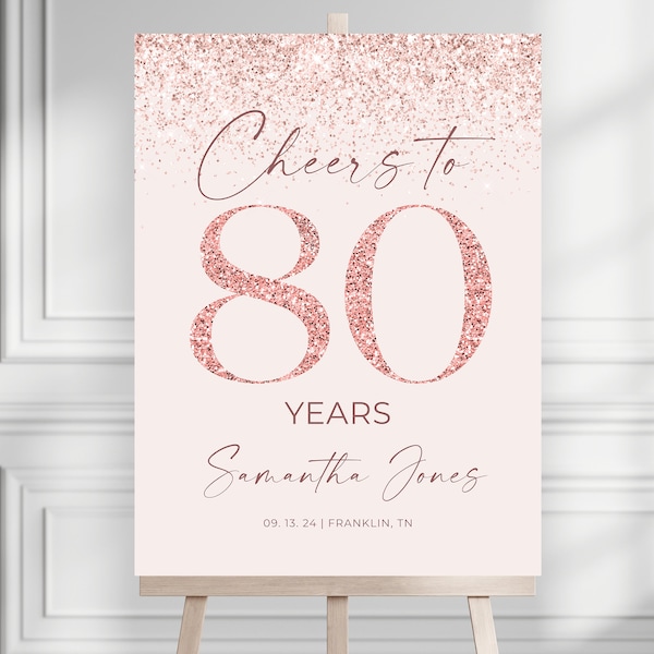 Plaque de bienvenue 80e 80e anniversaire en or rose, plaque modifiable, modèle de plaque de bienvenue imprimable anniversaire en or rose, Hello Eighty Cheers