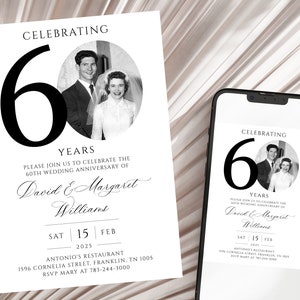 Invitación al 60.º aniversario de bodas, plantilla de invitación fotográfica de aniversario dorado, editable, con foto