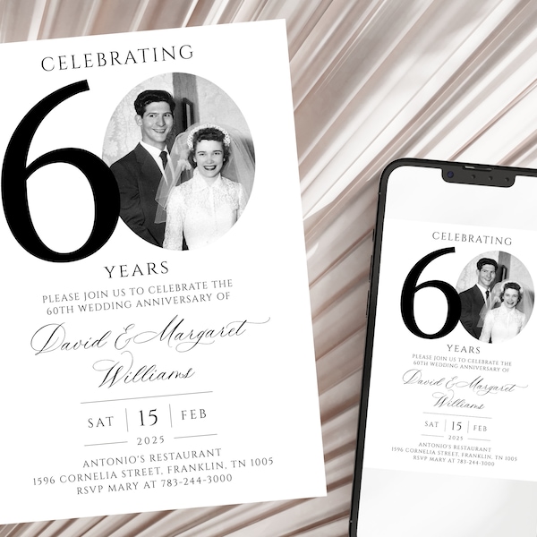 60th Wedding Anniversary Invitation, Golden Anniversary Photo Invitation Template, Editable, with Photo