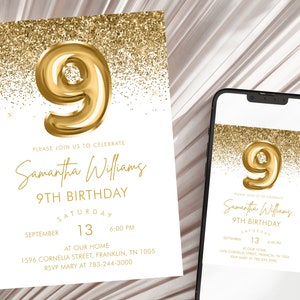 Convite para festa de aniversário com glitter dourado, convite para 9º aniversário dourado, convite para festa dourada, download instantâneo