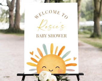 Sonnenschein-Babyparty-Willkommensschild, bearbeitbare Vorlage, geschlechtsneutrales Sun-Party-Zeichen, kleiner Sonnenschein-Babypartydekor, digitaler Download