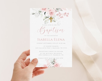 Pink Baptism Invitation Template Girl Baptism Invitation Blush Pink Christening Invitation Blush Floral Baptism EDITABLE