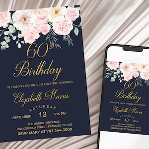 Editable 60th Birthday Invitation, Women Floral Birthday Invitation, Women Birthday Invite, Gold 60th Birthday Invitation