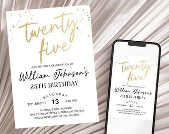 25th Birthday Invitation All White Gold Party Invite for Men or Ladies Printable Editable Instant Download Template