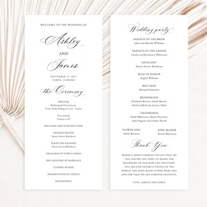 May include: Two white wedding programme cards with black text. The left card lists the ceremony order for Ashley and James on 13 September 2027, in Tampa, Florida. The right card lists the wedding party members and includes a thank you message.