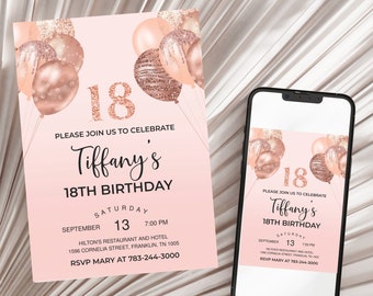 Rose Gold Invitation, Balloons, 18th Birthday Invitation, Editable Birthday Invite