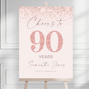 Signo de bienvenida de la fiesta de cumpleaños número 90 de oro rosa, signo editable, plantilla de signo de bienvenida de cumpleaños de oro rosa imprimible, Hola noventa saludos