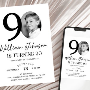 90th Birthday Invitation Template, Look Who&#39;s 90, Photo 90th Birthday Invite, Editable Template, Black and White 90th Birthday