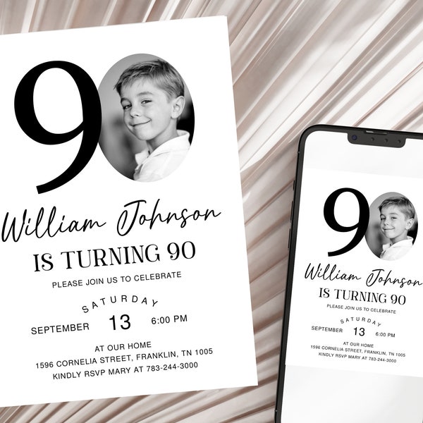 90th Birthday Invitation Template, Look Who's 90, Photo 90th Birthday Invite, Editable Template, Black and White 90th Birthday