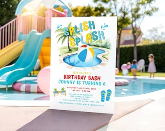 Editable Splish Splash Birthday Invitation Pool Party Invite Boy Beach Ball Pool Party Invitation Birthday Bash Download Printable Template