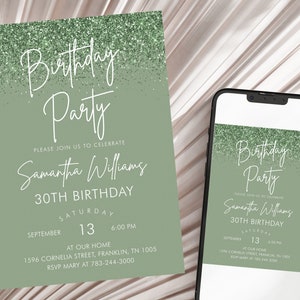 Birthday Invitation Printable Sage Green Birthday Party Invite Editable Download Template, Printable Birthday Party Invite