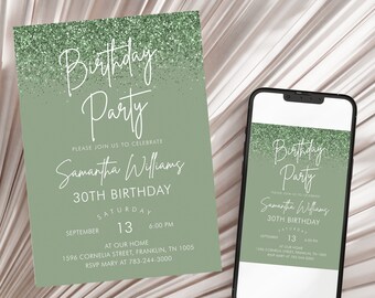 Birthday Invitation Printable Sage Green Birthday Party Invite Editable Download Template, Printable Birthday Party Invite