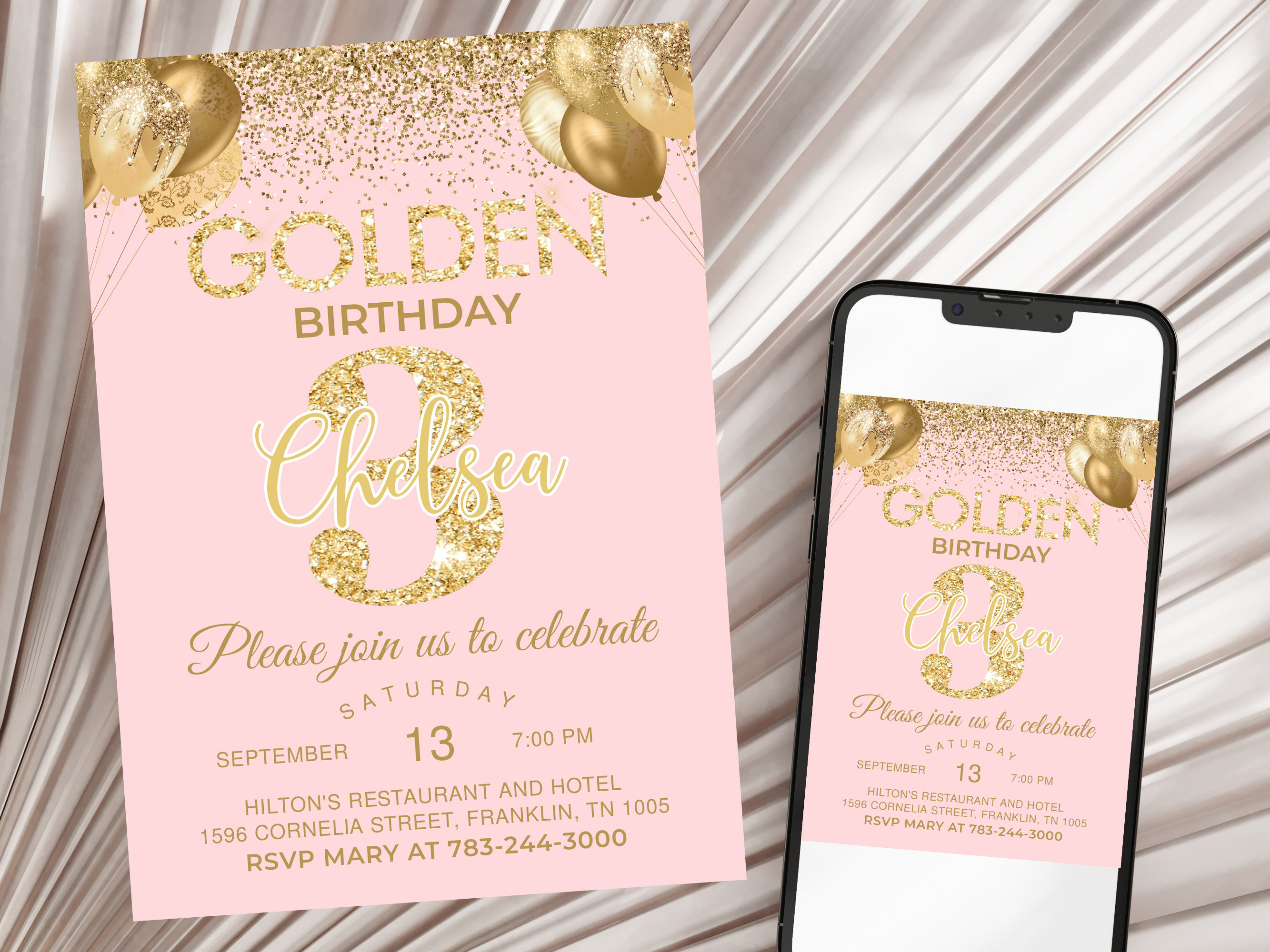 Golden Birthday Invitation Pink Gold glitter birthday invitation Golden birthday invite for girl 3rd Birthday Invitation