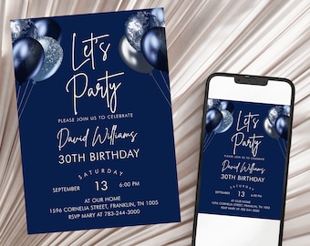 Editable Navy Blue Balloons Birthday Invitation, Printable Birthday Party Invite, Let's Party, Editable Template, Instant Download