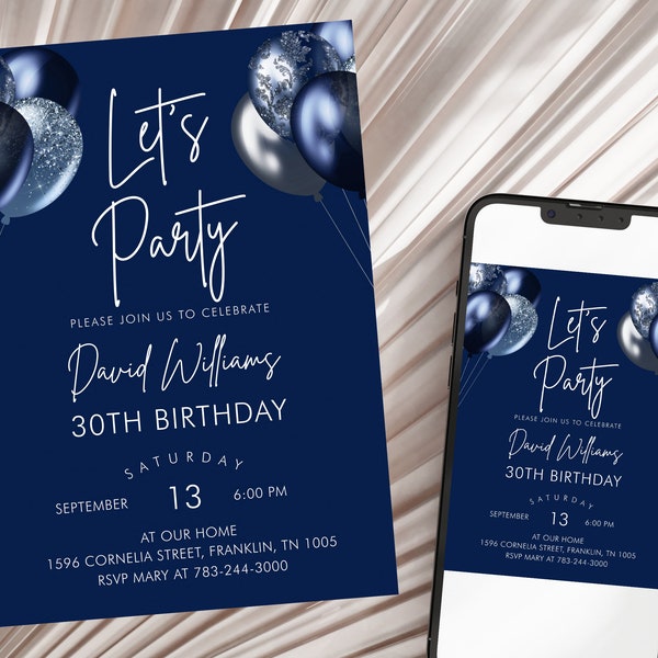 Invitation d'anniversaire de ballons bleu marine modifiable, invitation de fête d'anniversaire imprimable, faisons la fête, modèle modifiable, téléchargement immédiat