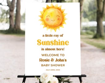 Bearbeitbares Sunshine Baby Shower Willkommensschild Ein kleiner Sonnenstrahl Willkommensschild Boho Sun Baby Shower Sign Printable