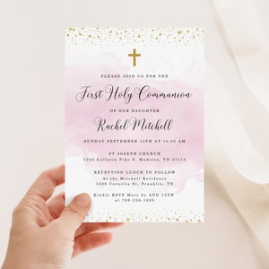 Pink First Holy Communion Invitation INSTANT DOWNLOAD Editable, Printable, Baptism, Christening, Dedication zdjęcie 2