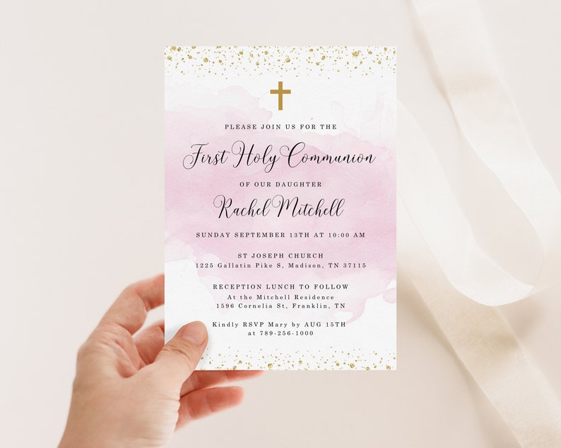 Pink First Holy Communion Invitation INSTANT DOWNLOAD Editable, Printable, Baptism, Christening, Dedication zdjęcie 2