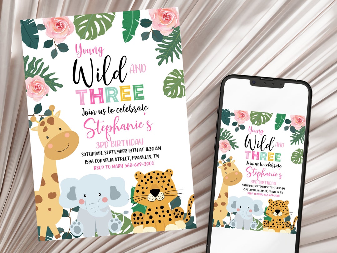 Editable Young Wild and Three Invitation Girl Pink and Gold Safari