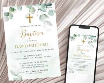 Könnte beinhalten: Eine Taufeinladung mit grünem Aquarellhintergrund und goldenen Schriftzügen. Die Einladung enthält den Namen "David Mitchell", das Datum "Sonntag, 13. September 2024" und die Uhrzeit "10:00 Uhr".