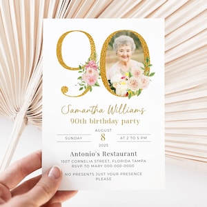 Gold Floral Number 90th Birthday Invitation Template, Look Who&#39;s 90, Photo 90th Birthday Invite, Editable Template, Floral 90th Birthday