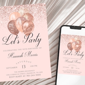 Frauen 50. Geburtstag Einladung Ballons druckbare Let's Party Invite Editierbare Vorlage Rose Gold Download, 30th 40th