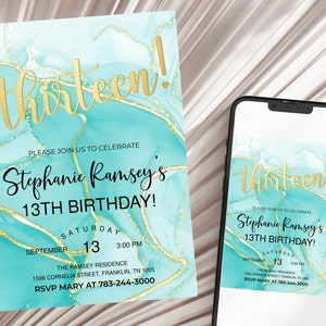 13th Birthday Invitation Editable Aqua Turquoise Teal Blue Gold Party Invite DIY Printable Instant Download Invite for Boys or Girls